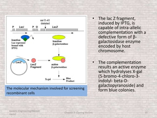 • The lac Z fragment,
induced by IPTG, is
capable of intra-allelic
complementation with a
defective form of β-
galactosidase enzyme
encoded by host
chromosome.
• The complementation
results an active enzyme
which hydrolyses X-gal
(5-bromo-4-chloro-3-
indolyl- beta-D-
galactopyranoside) and
form blue colonies.
Genetic Engineering/Hikmet
Geckil
Chapter 3: Cloning Vectors 35
The molecular mechanism involved for screening
recombinant cells
 