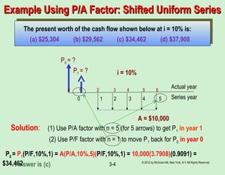 © 2012 by McGraw-Hill, New York, N.Y All Rights Reserved
3-4
Example Using P/A Factor: Shifted Uniform SeriesExample Using P/A Factor: Shifted Uniform Series
P0 = ?
A = $10,000
0 1 2 3 4 5 6
i = 10%
The present worth of the cash flow shown below at i = 10% is:
(a) $25,304 (b) $29,562 (c) $34,462 (d) $37,908
Solution: (1) Use P/A factor with n = 5 (for 5 arrows) to get P1 in year 1
(2) Use P/F factor with n = 1 to move P1 back for P0 in year 0
P0 = P1(P/F,10%,1) = A(P/A,10%,5)(P/F,10%,1) = 10,000(3.7908)(0.9091) =
$34,462Answer is (c)
0 1 2 3 4 5
P1 = ?
Actual year
Series year
 
