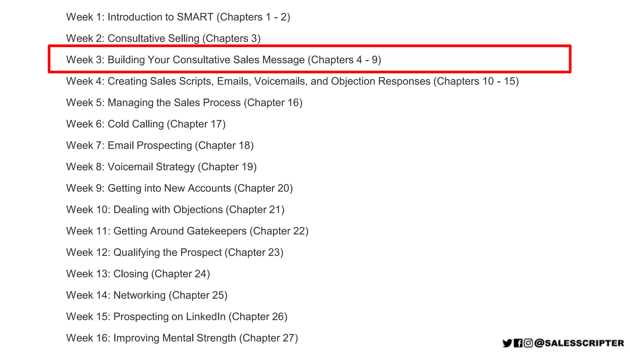 Week 1: Introduction to SMART (Chapters 1 - 2)
Week 2: Consultative Selling (Chapters 3)
Week 3: Building Your Consultative Sales Message (Chapters 4 - 9)
Week 4: Creating Sales Scripts, Emails, Voicemails, and Objection Responses (Chapters 10 - 15)
Week 5: Managing the Sales Process (Chapter 16)
Week 6: Cold Calling (Chapter 17)
Week 7: Email Prospecting (Chapter 18)
Week 8: Voicemail Strategy (Chapter 19)
Week 9: Getting into New Accounts (Chapter 20)
Week 10: Dealing with Objections (Chapter 21)
Week 11: Getting Around Gatekeepers (Chapter 22)
Week 12: Qualifying the Prospect (Chapter 23)
Week 13: Closing (Chapter 24)
Week 14: Networking (Chapter 25)
Week 15: Prospecting on LinkedIn (Chapter 26)
Week 16: Improving Mental Strength (Chapter 27)
 
