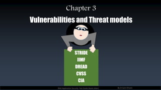 STRIDE
IIMF
DREAD
CVSS
CIA
Vulnerabilities and Threat models
Web Application Security Fast Guide (book slides) By Dr.Sami Khiami
Chapter 3
 