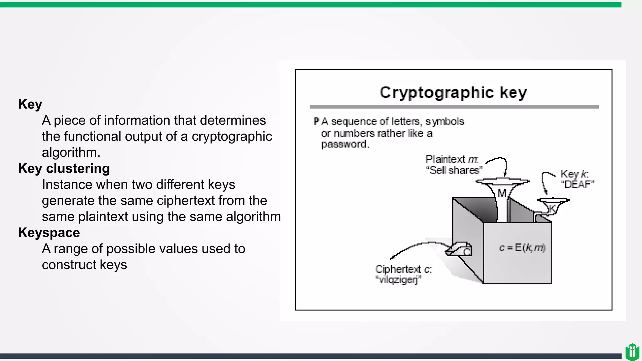 Key
A piece of information that determines
the functional output of a cryptographic
algorithm.
Key clustering
Instance when two different keys
generate the same ciphertext from the
same plaintext using the same algorithm
Keyspace
A range of possible values used to
construct keys
 