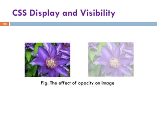CSS Display and Visibility
122
Fig: The effect of opacity on image
 