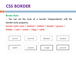 CSS BORDER
Border Style
 You can set the style of a border independently with the
border-style property.
border-style: none | dashed | dotted | double | groove |
hidden | inset | outset | ridge | solid;
69
 