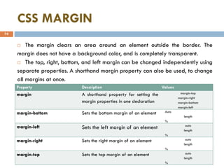 CSS MARGIN
 The margin clears an area around an element outside the border. The
margin does not have a background color, and is completely transparent.
 The top, right, bottom, and left margin can be changed independently using
separate properties. A shorthand margin property can also be used, to change
all margins at once.
74
Property Description Values
margin A shorthand property for setting the
margin properties in one declaration
margin-top
margin-right
margin-bottom
margin-left
margin-bottom Sets the bottom margin of an element Auto
length
%
margin-left Sets the left margin of an element auto
length
%
margin-right Sets the right margin of an element auto
length
%
margin-top Sets the top margin of an element auto
length
%
 
