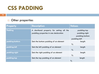 CSS PADDING
79
 Other properties
Property Description Values
Padding A shorthand property for setting all the
padding properties in one declaration
padding-top
padding-right
padding-bottom
padding-left
padding-bottom Sets the bottom padding of an element length
%
padding-left Sets the left padding of an element length
%
padding-right Sets the right padding of an element length
%
padding-top Sets the top padding of an element length
%
 