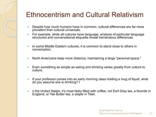 Ethnocentrism and Cultural Relativism
 Despite how much humans have in common, cultural differences are far more
prevalent than cultural universals.
 For example, while all cultures have language, analysis of particular language
structures and conversational etiquette reveal tremendous differences.
 In some Middle Eastern cultures, it is common to stand close to others in
conversation.
 North Americans keep more distance, maintaining a large “personal space.”
 Even something as simple as eating and drinking varies greatly from culture to
culture.
 If your professor comes into an early morning class holding a mug of liquid, what
do you assume she is drinking? I
 n the United States, it’s most likely filled with coffee, not Earl Grey tea, a favorite in
England, or Yak Butter tea, a staple in Tibet.
Download for free at
http://cnx.org/content/col11407/latest/. 13
 