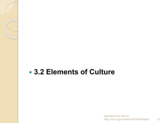  3.2 Elements of Culture
Download for free at
http://cnx.org/content/col11407/latest/. 21
 