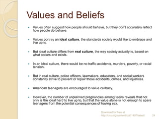 Values and Beliefs
 Values often suggest how people should behave, but they don’t accurately reflect
how people do behave.
 Values portray an ideal culture, the standards society would like to embrace and
live up to.
 But ideal culture differs from real culture, the way society actually is, based on
what occurs and exists.
 In an ideal culture, there would be no traffic accidents, murders, poverty, or racial
tension.
 But in real culture, police officers, lawmakers, educators, and social workers
constantly strive to prevent or repair those accidents, crimes, and injustices.
 American teenagers are encouraged to value celibacy.
 However, the number of unplanned pregnancies among teens reveals that not
only is the ideal hard to live up to, but that the value alone is not enough to spare
teenagers from the potential consequences of having sex.
Download for free at
http://cnx.org/content/col11407/latest/. 24
 
