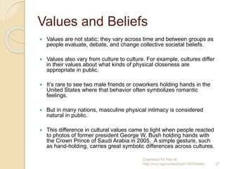 Values and Beliefs
 Values are not static; they vary across time and between groups as
people evaluate, debate, and change collective societal beliefs.
 Values also vary from culture to culture. For example, cultures differ
in their values about what kinds of physical closeness are
appropriate in public.
 It’s rare to see two male friends or coworkers holding hands in the
United States where that behavior often symbolizes romantic
feelings.
 But in many nations, masculine physical intimacy is considered
natural in public.
 This difference in cultural values came to light when people reacted
to photos of former president George W. Bush holding hands with
the Crown Prince of Saudi Arabia in 2005. A simple gesture, such
as hand-holding, carries great symbolic differences across cultures.
Download for free at
http://cnx.org/content/col11407/latest/. 27
 