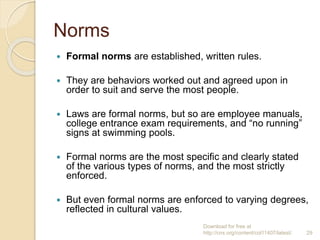 Norms
 Formal norms are established, written rules.
 They are behaviors worked out and agreed upon in
order to suit and serve the most people.
 Laws are formal norms, but so are employee manuals,
college entrance exam requirements, and “no running”
signs at swimming pools.
 Formal norms are the most specific and clearly stated
of the various types of norms, and the most strictly
enforced.
 But even formal norms are enforced to varying degrees,
reflected in cultural values.
Download for free at
http://cnx.org/content/col11407/latest/. 29
 