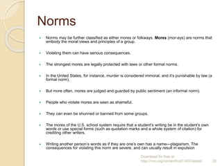 Norms
 Norms may be further classified as either mores or folkways. Mores (mor-ays) are norms that
embody the moral views and principles of a group.
 Violating them can have serious consequences.
 The strongest mores are legally protected with laws or other formal norms.
 In the United States, for instance, murder is considered immoral, and it’s punishable by law (a
formal norm).
 But more often, mores are judged and guarded by public sentiment (an informal norm).
 People who violate mores are seen as shameful.
 They can even be shunned or banned from some groups.
 The mores of the U.S. school system require that a student’s writing be in the student’s own
words or use special forms (such as quotation marks and a whole system of citation) for
crediting other writers.
 Writing another person’s words as if they are one’s own has a name—plagiarism. The
consequences for violating this norm are severe, and can usually result in expulsion
Download for free at
http://cnx.org/content/col11407/latest/. 32
 