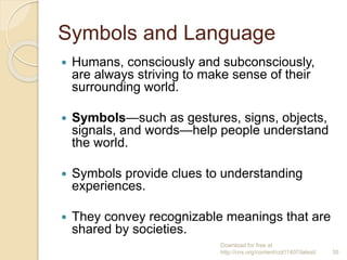 Symbols and Language
 Humans, consciously and subconsciously,
are always striving to make sense of their
surrounding world.
 Symbols—such as gestures, signs, objects,
signals, and words—help people understand
the world.
 Symbols provide clues to understanding
experiences.
 They convey recognizable meanings that are
shared by societies.
Download for free at
http://cnx.org/content/col11407/latest/. 35
 