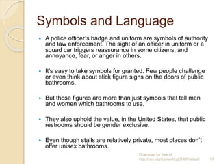 Symbols and Language
 A police officer’s badge and uniform are symbols of authority
and law enforcement. The sight of an officer in uniform or a
squad car triggers reassurance in some citizens, and
annoyance, fear, or anger in others.
 It’s easy to take symbols for granted. Few people challenge
or even think about stick figure signs on the doors of public
bathrooms.
 But those figures are more than just symbols that tell men
and women which bathrooms to use.
 They also uphold the value, in the United States, that public
restrooms should be gender exclusive.
 Even though stalls are relatively private, most places don’t
offer unisex bathrooms.
Download for free at
http://cnx.org/content/col11407/latest/. 37
 
