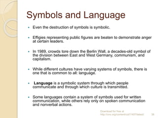 Symbols and Language
 Even the destruction of symbols is symbolic.
 Effigies representing public figures are beaten to demonstrate anger
at certain leaders.
 In 1989, crowds tore down the Berlin Wall, a decades-old symbol of
the division between East and West Germany, communism, and
capitalism.
 While different cultures have varying systems of symbols, there is
one that is common to all: language.
 Language is a symbolic system through which people
communicate and through which culture is transmitted.
 Some languages contain a system of symbols used for written
communication, while others rely only on spoken communication
and nonverbal actions.
Download for free at
http://cnx.org/content/col11407/latest/. 38
 