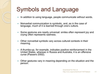 Symbols and Language
 In addition to using language, people communicate without words.
 Nonverbal communication is symbolic, and, as in the case of
language, much of it is learned through one’s culture.
 Some gestures are nearly universal: smiles often represent joy and
crying often represents sadness.
 Other nonverbal symbols vary across cultural contexts in their
meaning.
 A thumbs-up, for example, indicates positive reinforcement in the
United States, whereas in Russia and Australia, it is an offensive
curse (Passero 2002).
 Other gestures vary in meaning depending on the situation and the
person.
Download for free at
http://cnx.org/content/col11407/latest/. 41
 