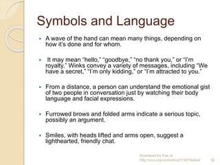 Symbols and Language
 A wave of the hand can mean many things, depending on
how it’s done and for whom.
 It may mean “hello,” “goodbye,” “no thank you,” or “I’m
royalty.” Winks convey a variety of messages, including “We
have a secret,” “I’m only kidding,” or “I’m attracted to you.”
 From a distance, a person can understand the emotional gist
of two people in conversation just by watching their body
language and facial expressions.
 Furrowed brows and folded arms indicate a serious topic,
possibly an argument.
 Smiles, with heads lifted and arms open, suggest a
lighthearted, friendly chat.
Download for free at
http://cnx.org/content/col11407/latest/. 42
 