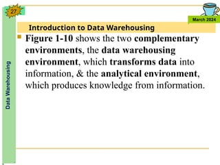 Introduction to Data Warehousing
Data
Warehousing
March 2024
27
 Figure 1-10 shows the two complementary
environments, the data warehousing
environment, which transforms data into
information, & the analytical environment,
which produces knowledge from information.
 