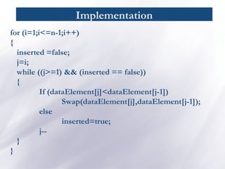 Implementation
for (i=1;i<=n-1;i++)
{
inserted =false;
j=i;
while ((j>=1) && (inserted == false))
{
If (dataElement[j]<dataElement[j-1])
Swap(dataElement[j],dataElement[j-1]);
else
inserted=true;
j--
}
}
 