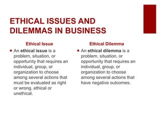 ETHICAL ISSUES AND
DILEMMAS IN BUSINESS
Ethical Issue
An ethical issue is a
problem, situation, or
opportunity that requires an
individual, group, or
organization to choose
among several actions that
must be evaluated as right
or wrong, ethical or
unethical.
Ethical Dilemma
An ethical dilemma is a
problem, situation, or
opportunity that requires an
individual, group, or
organization to choose
among several actions that
have negative outcomes.