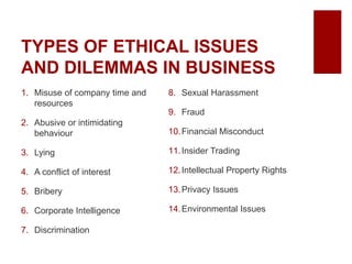 TYPES OF ETHICAL ISSUES
AND DILEMMAS IN BUSINESS
1. Misuse of company time and
resources
2. Abusive or intimidating
behaviour
3. Lying
4. A conflict of interest
5. Bribery
6. Corporate Intelligence
7. Discrimination
8. Sexual Harassment
9. Fraud
10.Financial Misconduct
11.Insider Trading
12.Intellectual Property Rights
13.Privacy Issues
14.Environmental Issues