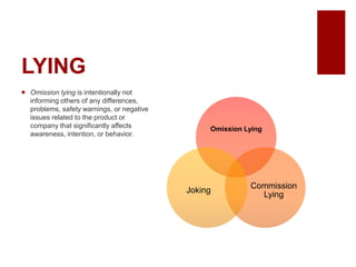 LYING
Omission lying is intentionally not
informing others of any differences,
problems, safety warnings, or negative
issues related to the product or
company that significantly affects
awareness, intention, or behavior.
Omission Lying
Commission
Lying
Joking