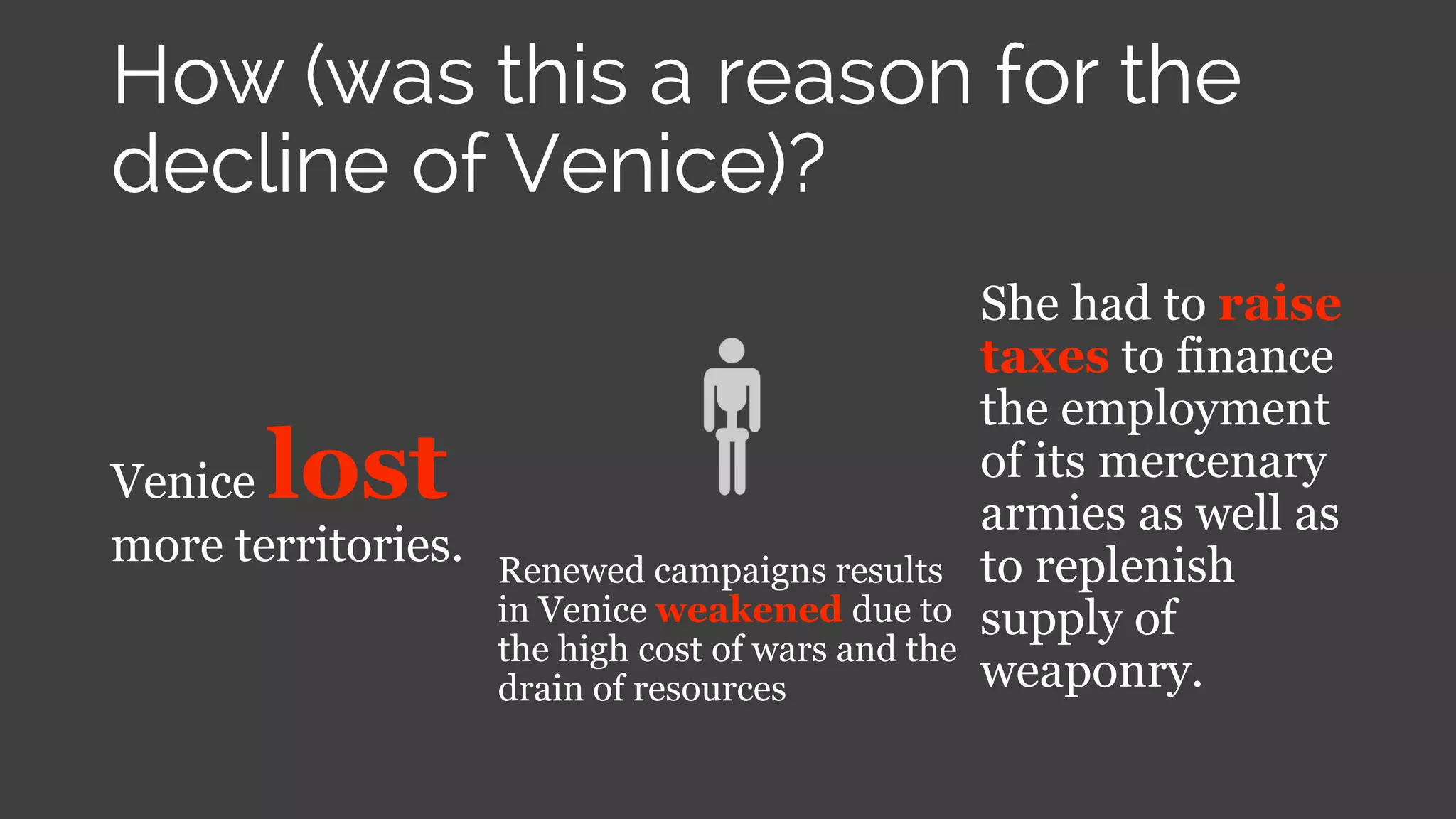 Venice lost
more territories.
She had to raise
taxes to finance
the employment
of its mercenary
armies as well as
to replenish
supply of
weaponry.
Renewed campaigns results
in Venice weakened due to
the high cost of wars and the
drain of resources
 