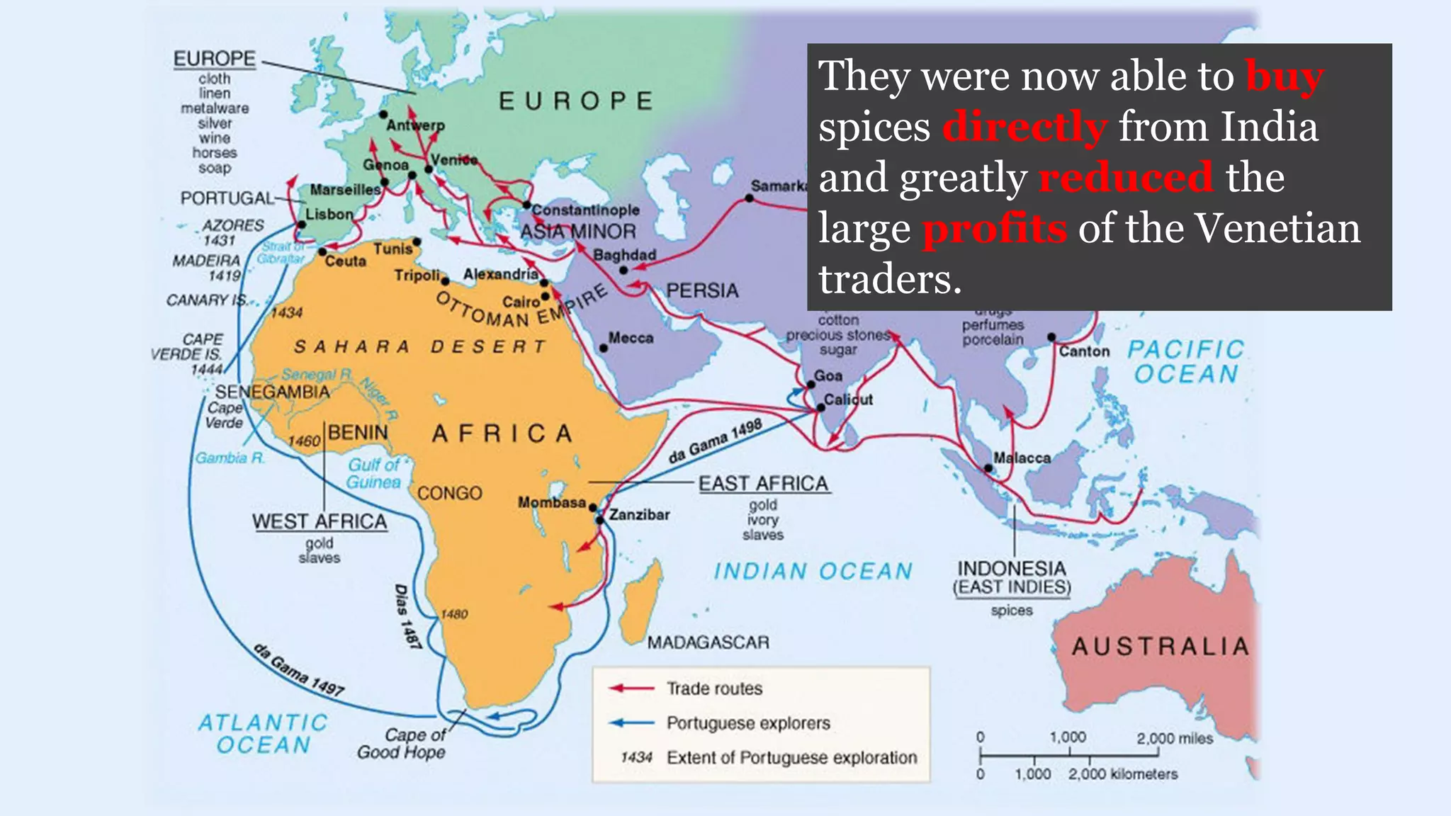 They were now able to buy
spices directly from India
and greatly reduced the
large profits of the Venetian
traders.
 
