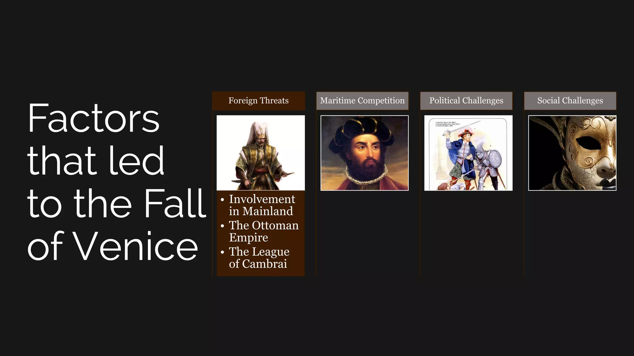 • Involvement
in Mainland
• The Ottoman
Empire
• The League
of Cambrai
Foreign Threats Maritime Competition Political Challenges Social Challenges
 