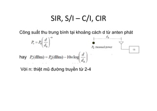 SIR,	
  S/I	
  –	
  C/I,	
  CIR	
  
Công suất thu trung bình tại khoảng cách d từ anten phát
hay
Với n: thiệt mũ đường truyền từ 2-4
 