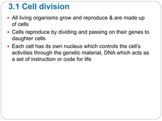 3.1 Cell division
 All living organisms grow and reproduce & are made up
of cells
 Cells reproduce by dividing and passing on their genes to
daughter cells
 Each cell has its own nucleus which controls the cell’s
activities through the genetic material, DNA which acts as
a set of instruction or code for life
 