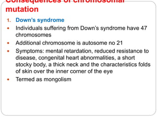 Consequences of chromosomal
mutation
1. Down’s syndrome
 Individuals suffering from Down’s syndrome have 47
chromosomes
 Additional chromosome is autosome no 21
 Symptoms: mental retardation, reduced resistance to
disease, congenital heart abnormalities, a short
stocky body, a thick neck and the characteristics folds
of skin over the inner corner of the eye
 Termed as mongolism
 