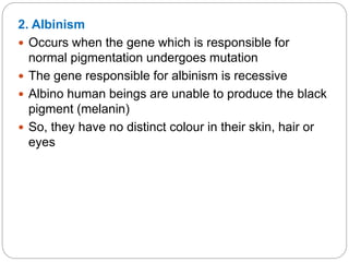 2. Albinism
 Occurs when the gene which is responsible for
normal pigmentation undergoes mutation
 The gene responsible for albinism is recessive
 Albino human beings are unable to produce the black
pigment (melanin)
 So, they have no distinct colour in their skin, hair or
eyes
 