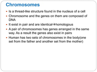 Chromosomes
 Is a thread-like structure found in the nucleus of a cell
 Chromosome and the genes on them are composed of
DNA
 It exist in pair and are identicalhomologous
 A pair of chromosomes has genes arranged in the same
way. As a result the genes also exist in pairs
 Human has two sets of chromosomes in the body(one
set from the father and another set from the mother)
 