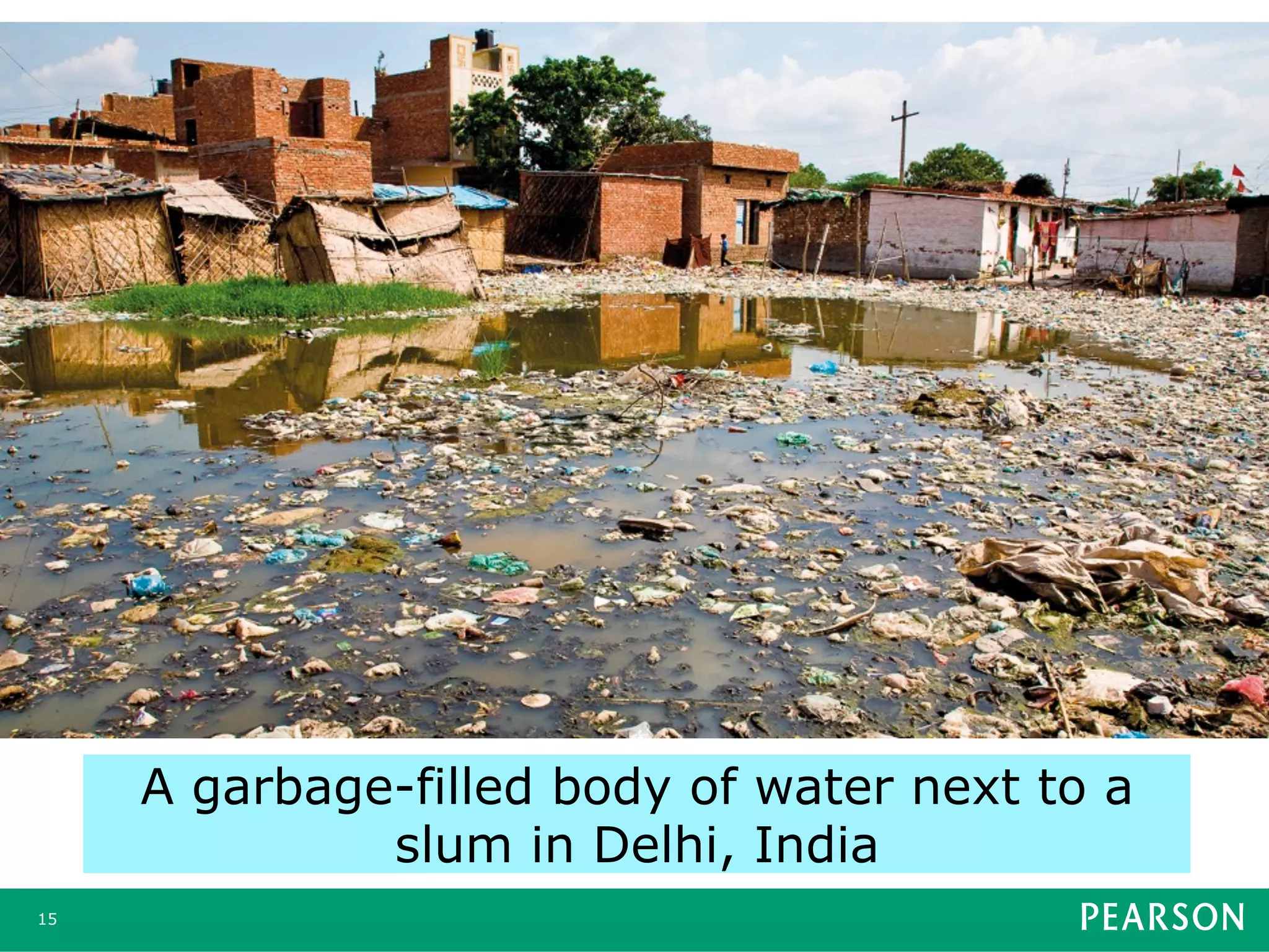 15
A garbage-filled body of water next to a
slum in Delhi, India
 