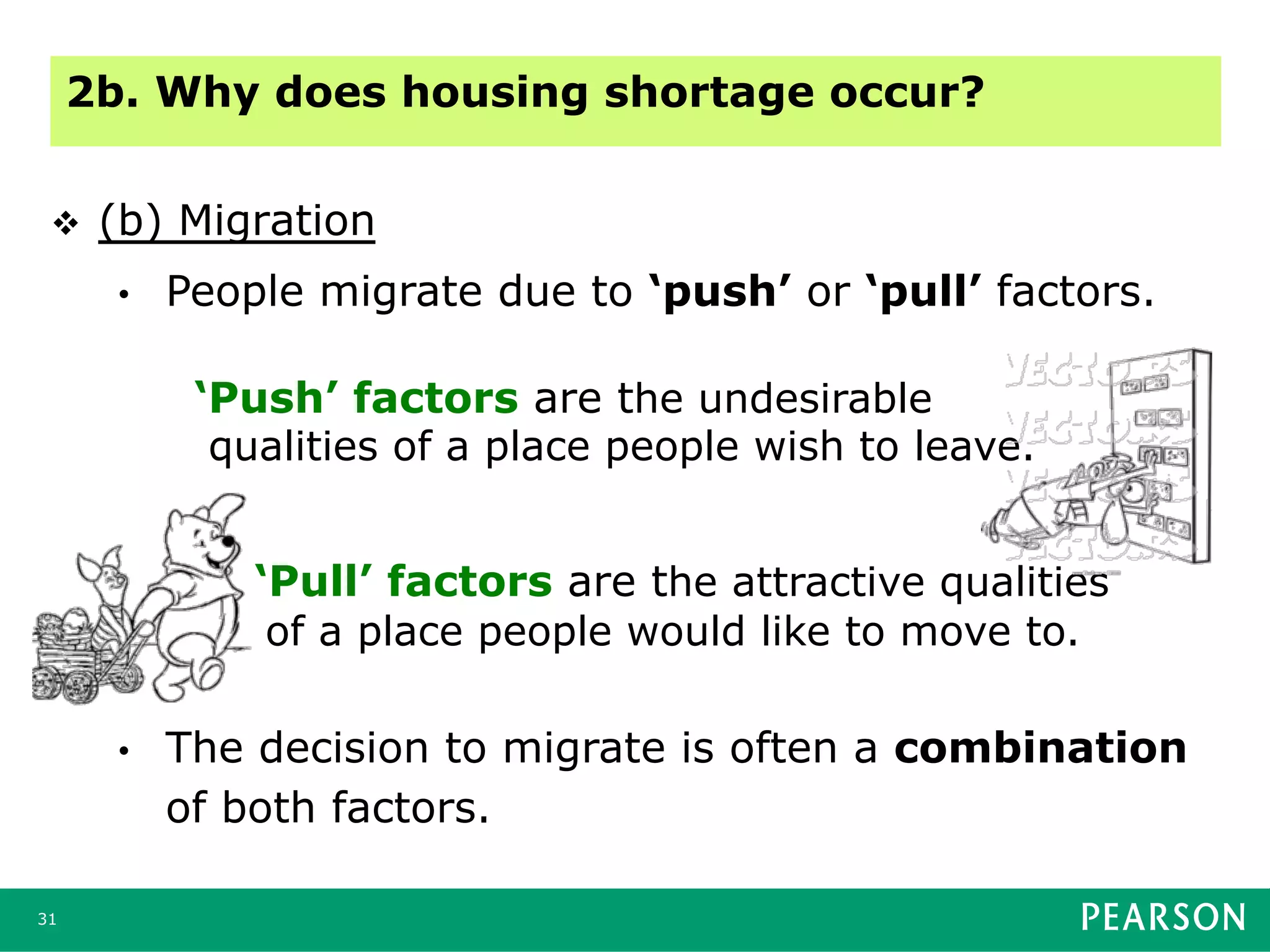 31
v  (b) Migration
•  People migrate due to ‘push’ or ‘pull’ factors.
•  The decision to migrate is often a combination
of both factors.
2b. Why does housing shortage occur?
‘Push’ factors are the undesirable
qualities of a place people wish to leave.
‘Pull’ factors are the attractive qualities
of a place people would like to move to.
 