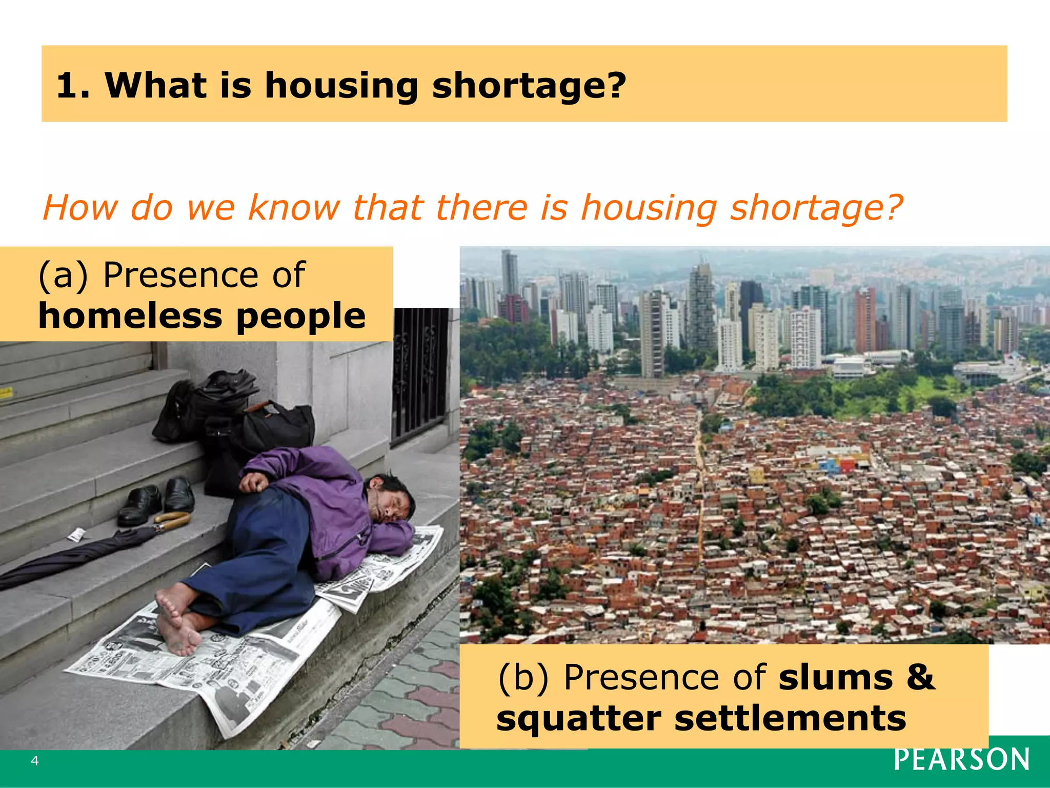 1. What is housing shortage?
How do we know that there is housing shortage?
4
(a) Presence of
homeless people
(b) Presence of slums &
squatter settlements
 