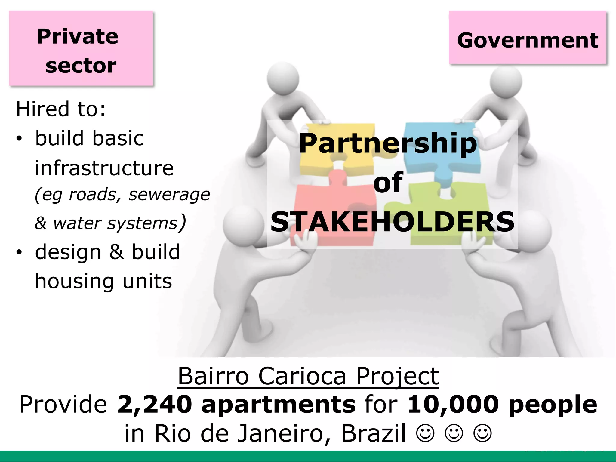 Presentation Title runs here l 00/00/0058
Partnership
of
STAKEHOLDERS
GovernmentPrivate
sector
Bairro Carioca Project
Provide 2,240 apartments for 10,000 people
in Rio de Janeiro, Brazil J J J
Hired to:
•  build basic
infrastructure
(eg roads, sewerage
& water systems)
•  design & build
housing units
 