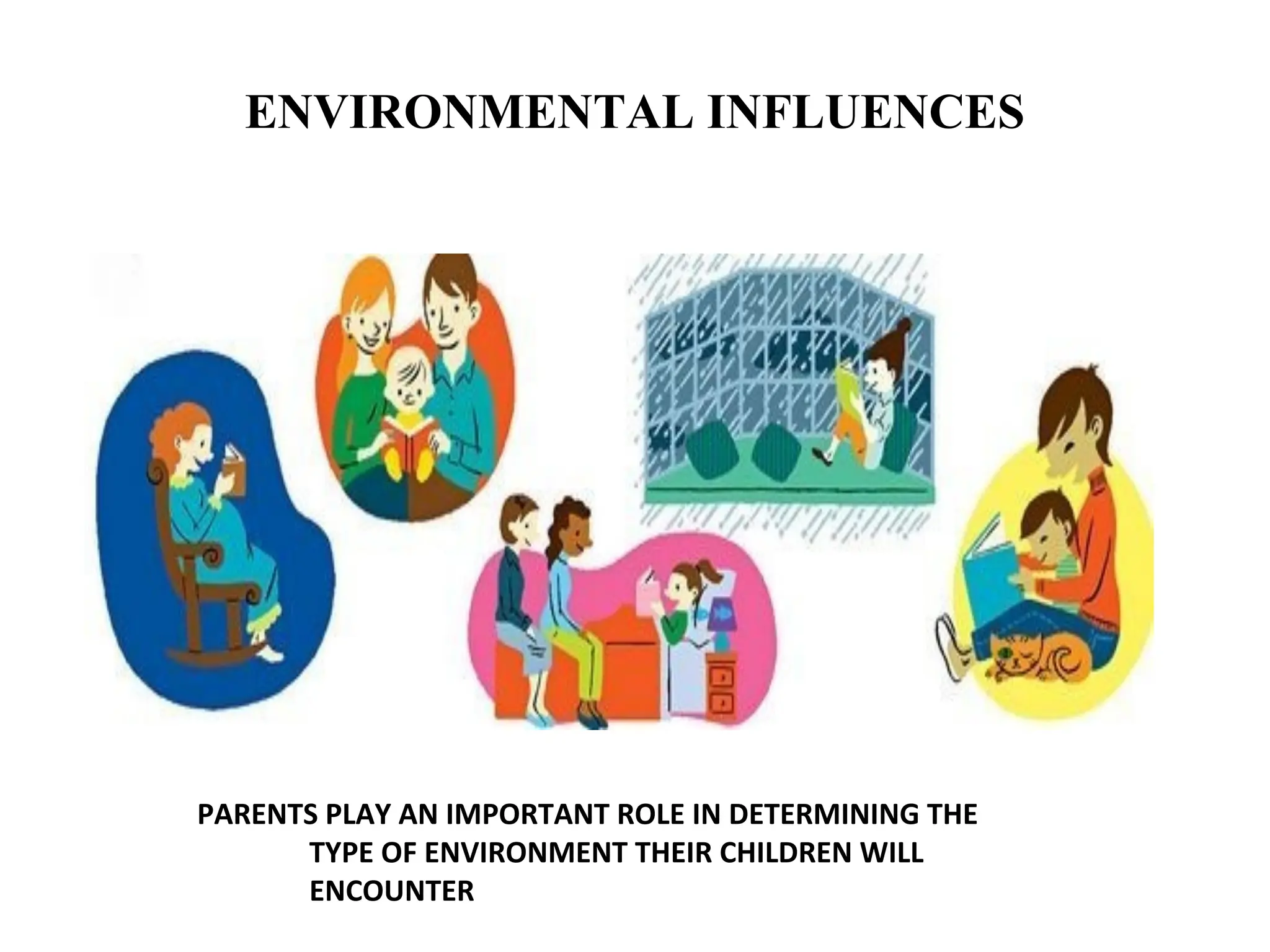 ENVIRONMENTAL INFLUENCES
PARENTS PLAY AN IMPORTANT ROLE IN DETERMINING THE
TYPE OF ENVIRONMENT THEIR CHILDREN WILL
ENCOUNTER
 