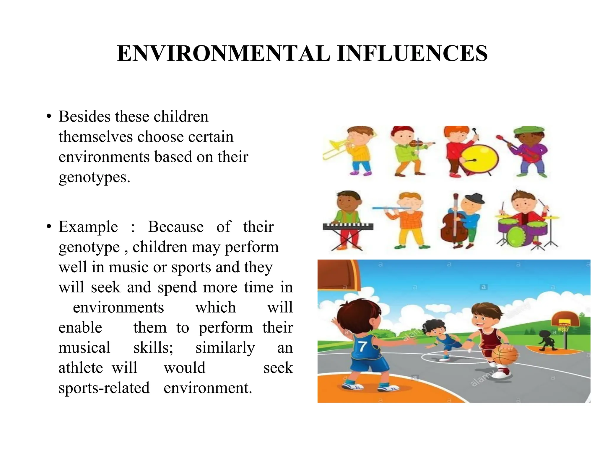 ENVIRONMENTAL INFLUENCES
• Besides these children
themselves choose certain
environments based on their
genotypes.
• Example : Because of their
genotype , children may perform
well in music or sports and they
will seek and spend more time in
environments which will
enable them to perform their
musical skills; similarly an
athlete will would seek
sports-related environment.
 