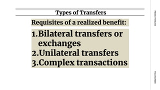 Requisites of a realized benefit:
Types of Transfers
PAGE
NUMBER
PROJECT
TIMELINE
1.Bilateral transfers or
exchanges
2.Unilateral transfers
3.Complex transactions
 
