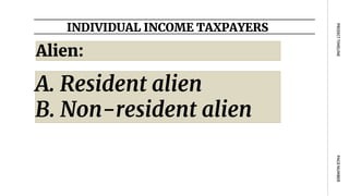 INDIVIDUAL INCOME TAXPAYERS
PAGE
NUMBER
PROJECT
TIMELINE
Alien:
A. Resident alien
B. Non-resident alien
 