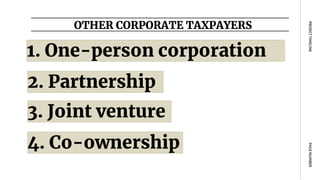 OTHER CORPORATE TAXPAYERS
PAGE
NUMBER
PROJECT
TIMELINE
1. One-person corporation
2. Partnership
3. Joint venture
4. Co-ownership
 