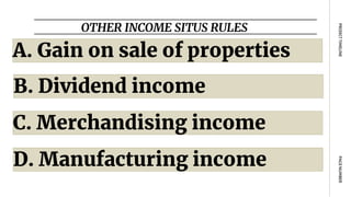 OTHER INCOME SITUS RULES
PAGE
NUMBER
PROJECT
TIMELINE
A. Gain on sale of properties
B. Dividend income
C. Merchandising income
D. Manufacturing income
 