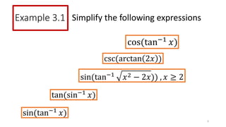 Example 3.1
6
Simplify the following expressions
sin(tan−1
𝑥2 − 2𝑥)) , 𝑥 ≥ 2
csc(arctan 2𝑥 )
tan(sin−1
𝑥)
sin(tan−1
𝑥)
cos(tan−1
𝑥)
 