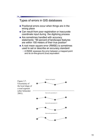 11
Types of errors in GIS databases
 Positional errors occur when things are in the
wrong place
 Can result from poor registration or inaccurate
coordinate input during the digitizing process
 Are sometimes handled with accuracy
statements: “90 percent of landscape features
are within 150 meters of their true position”
 A root mean square error (RMSE) is sometimes
used to set or describe an accuracy standard
 A RMSE assesses the error between a mapped point
and its on-the-ground (true) equivalent
Digitized road segment
Real-world representation #1
Real-world representation #2
Real-world representation #3
Figure 3.7.
Uncertainty of
the local shape of
a road segment
(after Schneider
2001).
 