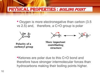 Physical Properties : Boiling point

• Oxygen is more electronegative than carbon (3.5
vs 2.5) and, therefore, a C=O group is polar
O

Polarity of a
carbonyl group

O:

:

C

C

+

C

: :

+ -

O: –

More important
contributing
structure

•Ketones are polar due to this C=O bond and
therefore have stronger intermolecular forces than
hydrocarbons making their boiling points higher.
10

 