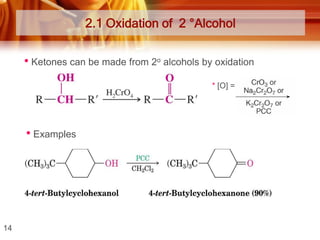 2.1 Oxidation of 2 °Alcohol

• Ketones can be made from 2o alcohols by oxidation
* [O] =

• Examples

14

 