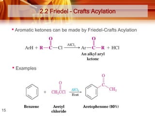 2.2 Friedel – Crafts Acylation

• Aromatic ketones can be made by Friedel-Crafts Acylation

• Examples

15

 