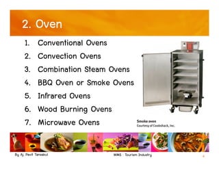 By Aj. Pavit Tansakul WMS : Tourism Industry 6
2. Oven
1. Conventional Ovens
2. Convection Ovens
3. Combination Steam Ovens
4. BBQ Oven or Smoke Ovens
5. Infrared Ovens
6. Wood Burning Ovens
7. Microwave Ovens
 