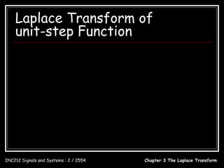 Laplace Transform of
    unit-step Function
                                                                 ∞
                    ∞                         X (σ + jω ) = ∫ e −(σ + jω ) t dt
     X (ω ) = ∫ x(t )e          − j ωt
                                         dt                     0
                   −∞                                            1
                    ∞
                                              X (σ + jω ) = −        [e −(σ + jω ) t ]tt =∞
                                                                                         =0
                                                              σ + jω
     X (ω ) = ∫ 1⋅ e − jωt dt
                   0                                             1
                                              X (σ + jω ) = −        [ 0 − e − (σ + j ω ) 0 ]
                                                              σ + jω
                    ∞
     X (ω ) = ∫ e e     −σt − jωt
                                    dt        X (σ + jω ) =
                                                               1
                   −∞
                                                            σ + jω
                    ∞
     X (ω ) = ∫ e −(σ + jω ) t dt             σ + jω → s
                   0
                                                       1
                                              X ( s) =
                                                       s

INC212 Signals and Systems : 2 / 2554                          Chapter 3 The Laplace Transform
 